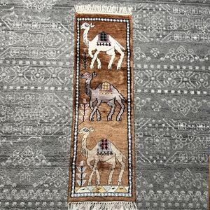 Hand Woven Camel Pictorial Rug Tapestry Wall Hanging 11” X 35” Middle East Art